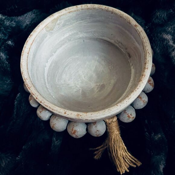 Handmade Clay Saucer Trinket Dish with Beaded Base and Tassel - Picture 2 of 4